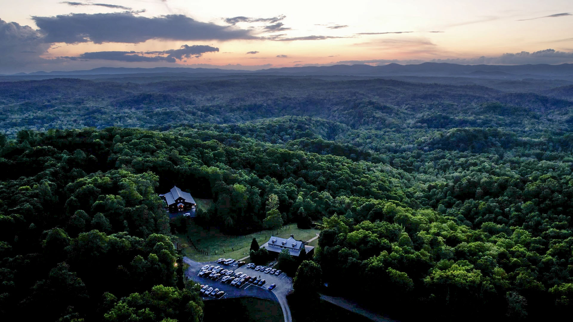 Aerial sunset view of Blue Mountain Vineyards