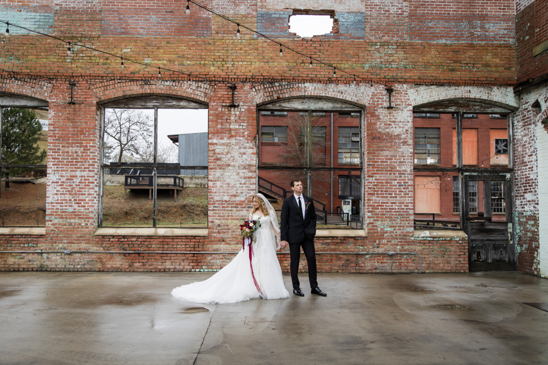 Bride and groom portrait at Lindale Mill