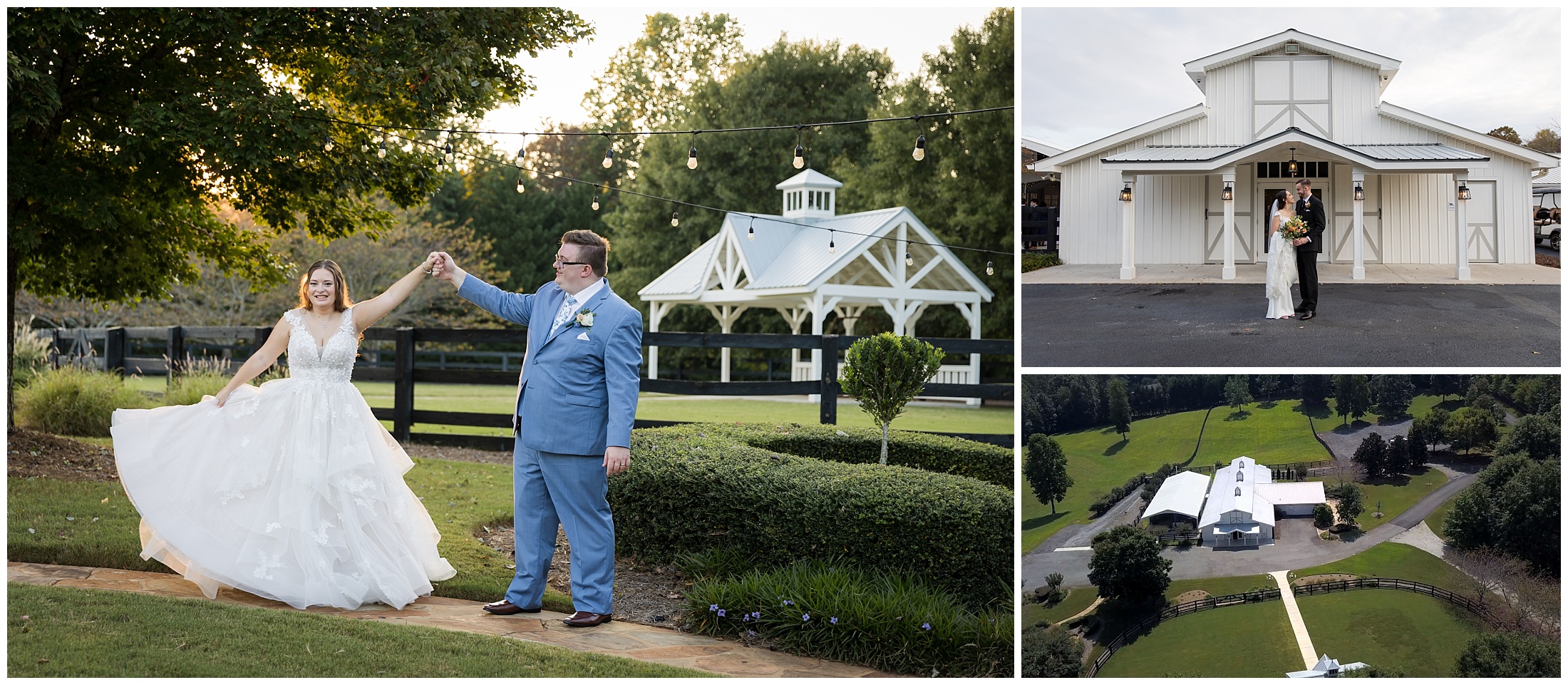 Photos of a bride and groom posing in front of the White Laurel Estate wedding venue